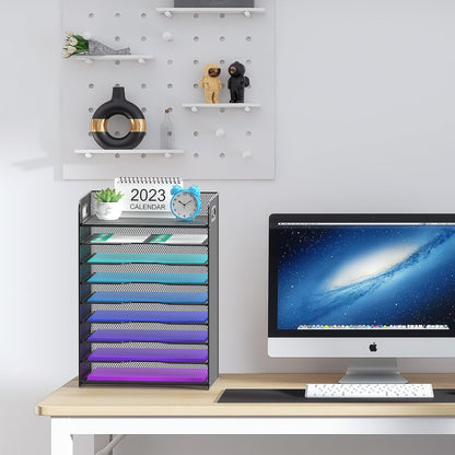 3 Tier Letter Tray Paper Organizer with Handle, Mesh Desk Organizer Paper Sorter File Rack Shelves, Black