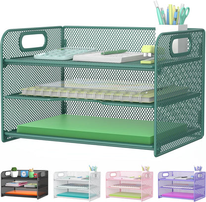 3 Tier Letter Tray Paper Organizer with Handle, Mesh Desk Organizer Paper Sorter File Rack Shelves, Black