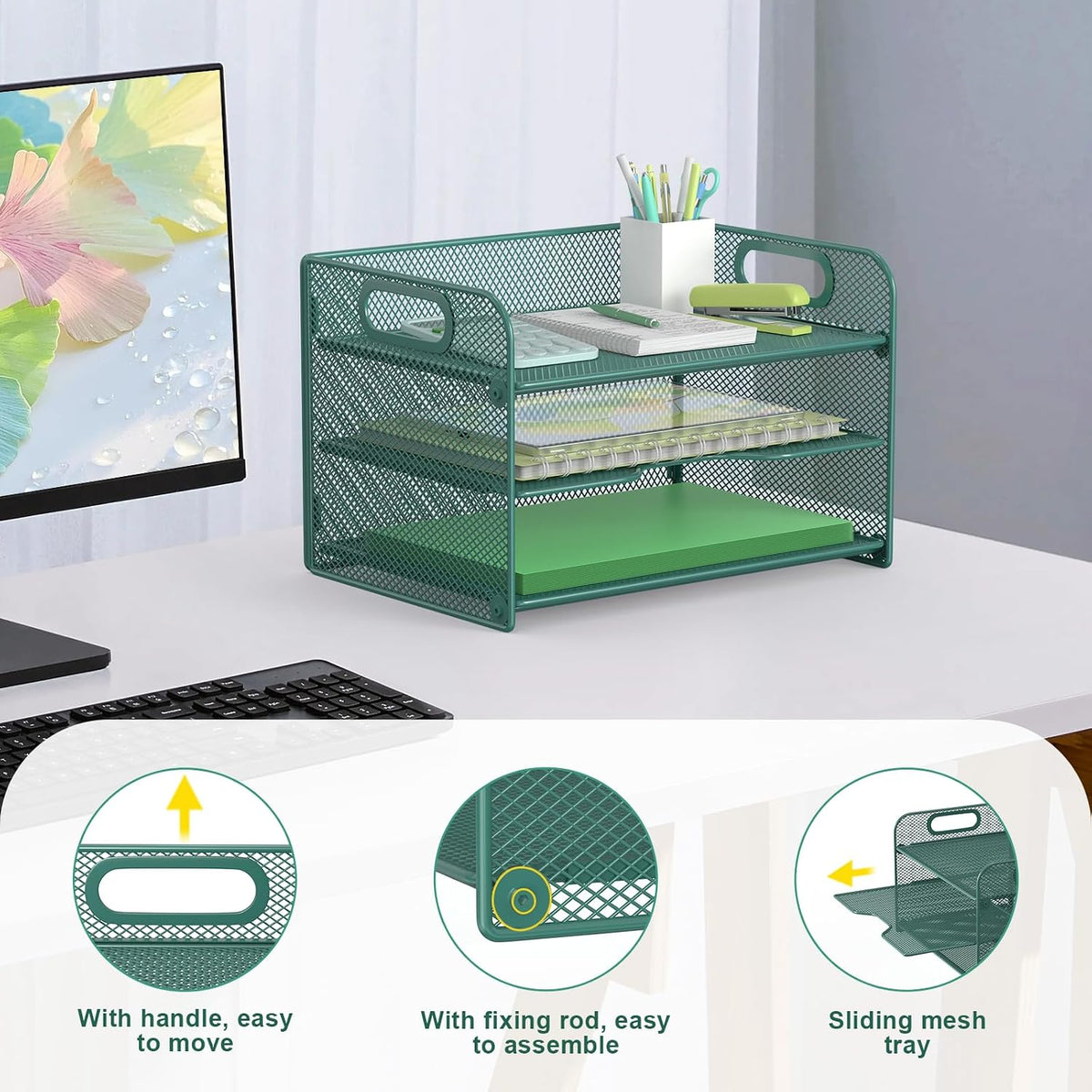 3 Tier Letter Tray Paper Organizer with Handle, Mesh Desk Organizer Paper Sorter File Rack Shelves, Black