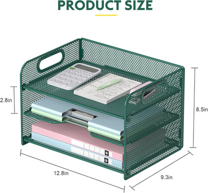 3 Tier Letter Tray Paper Organizer with Handle, Mesh Desk Organizer Paper Sorter File Rack Shelves, Black