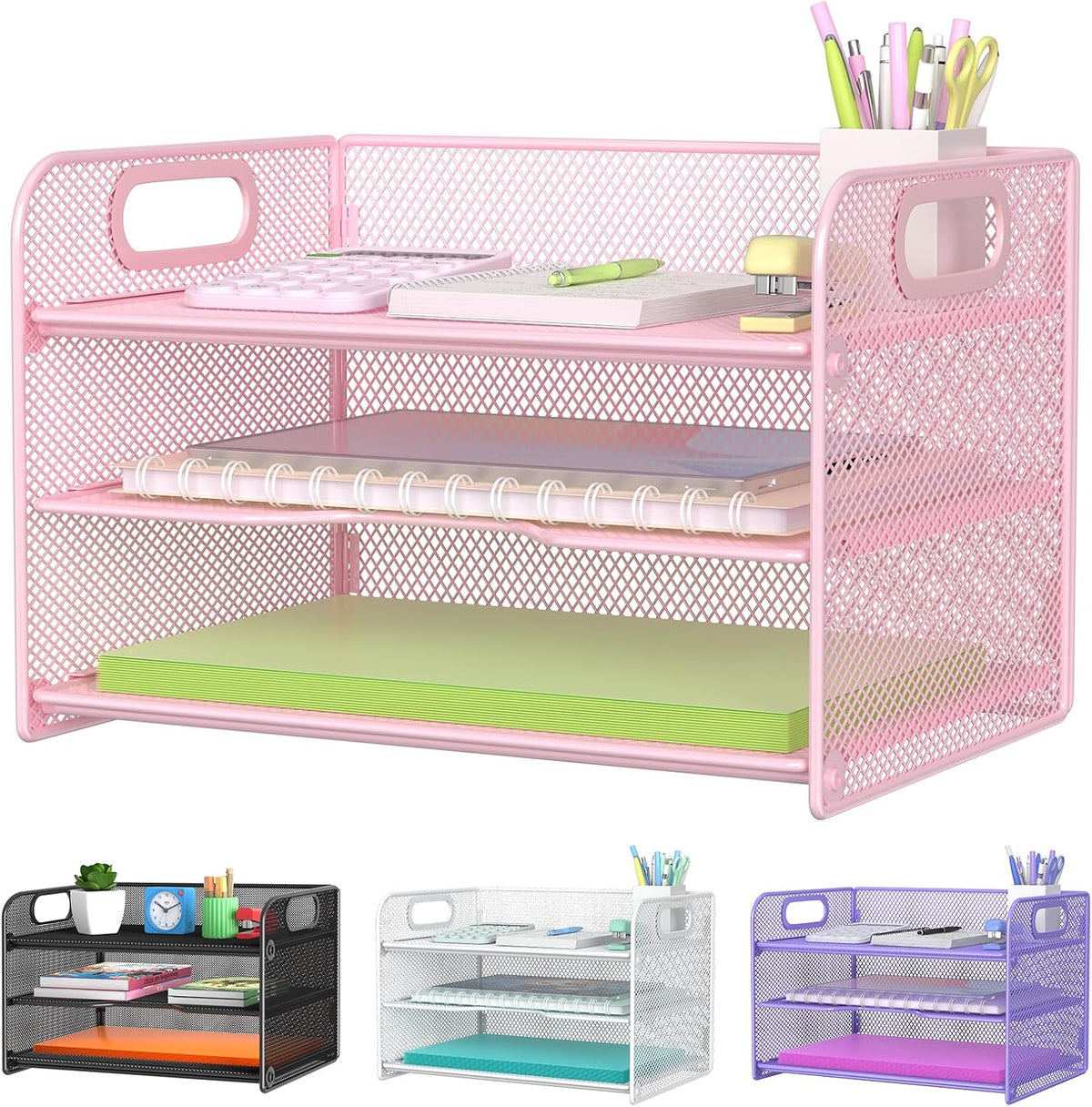 3 Tier Letter Tray Paper Organizer with Handle, Mesh Desk Organizer Paper Sorter File Rack Shelves, Black
