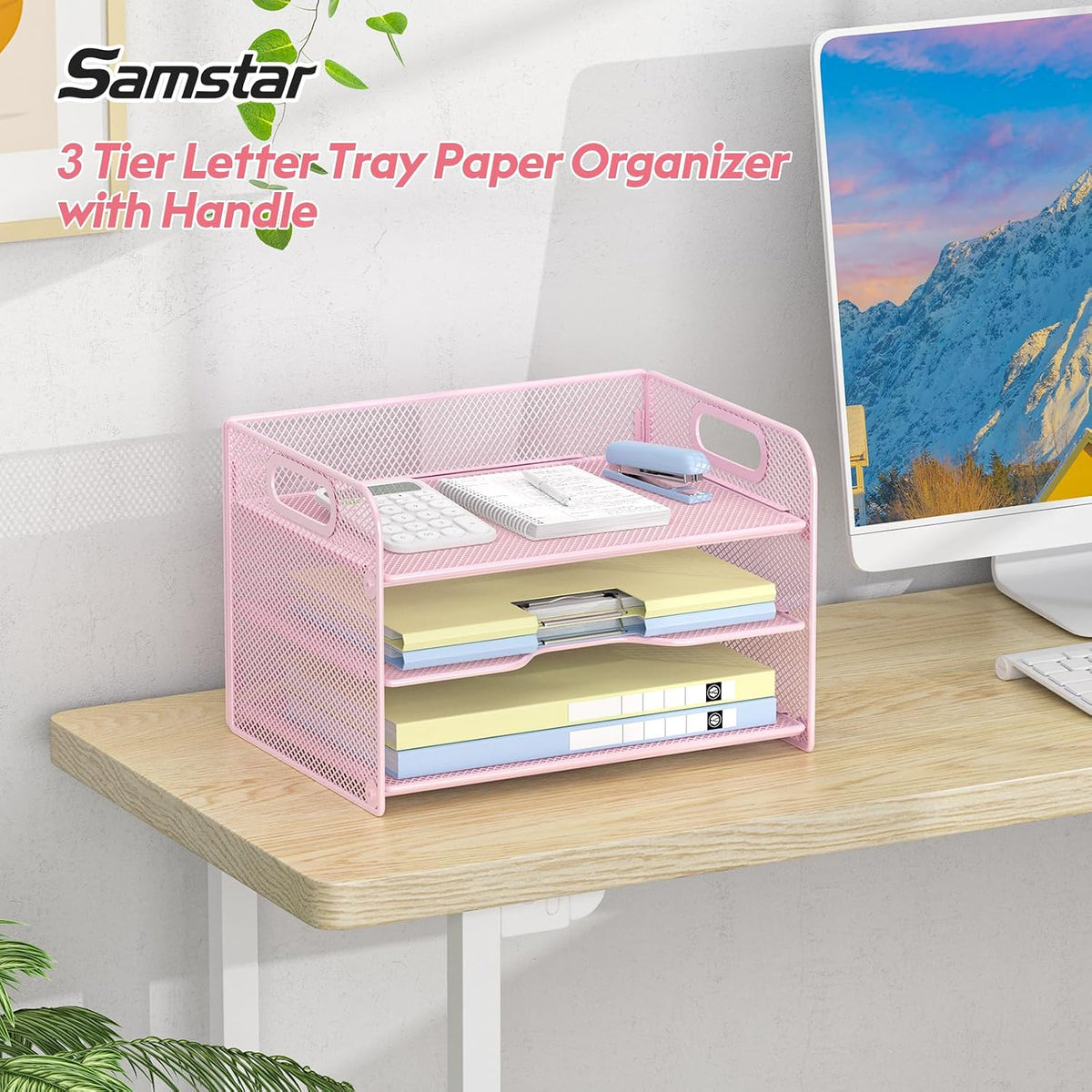3 Tier Letter Tray Paper Organizer with Handle, Mesh Desk Organizer Paper Sorter File Rack Shelves, Black