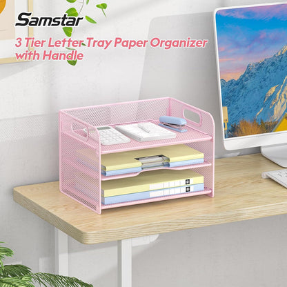 3 Tier Letter Tray Paper Organizer with Handle, Mesh Desk Organizer Paper Sorter File Rack Shelves, Black