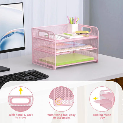 3 Tier Letter Tray Paper Organizer with Handle, Mesh Desk Organizer Paper Sorter File Rack Shelves, Black