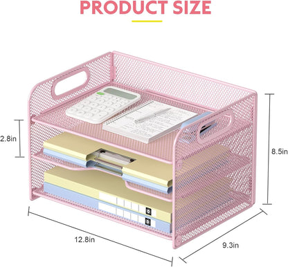 3 Tier Letter Tray Paper Organizer with Handle, Mesh Desk Organizer Paper Sorter File Rack Shelves, Black