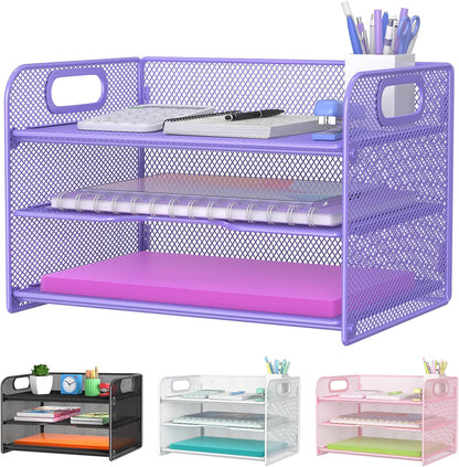 3 Tier Letter Tray Paper Organizer with Handle, Mesh Desk Organizer Paper Sorter File Rack Shelves, Black