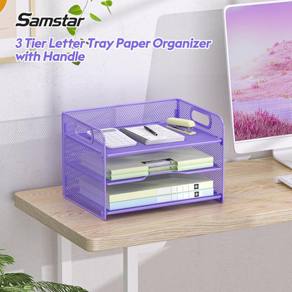 3 Tier Letter Tray Paper Organizer with Handle, Mesh Desk Organizer Paper Sorter File Rack Shelves, Black
