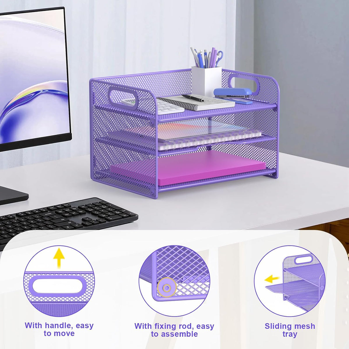 3 Tier Letter Tray Paper Organizer with Handle, Mesh Desk Organizer Paper Sorter File Rack Shelves, Black