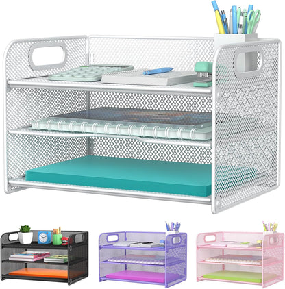 3 Tier Letter Tray Paper Organizer with Handle, Mesh Desk Organizer Paper Sorter File Rack Shelves, Black
