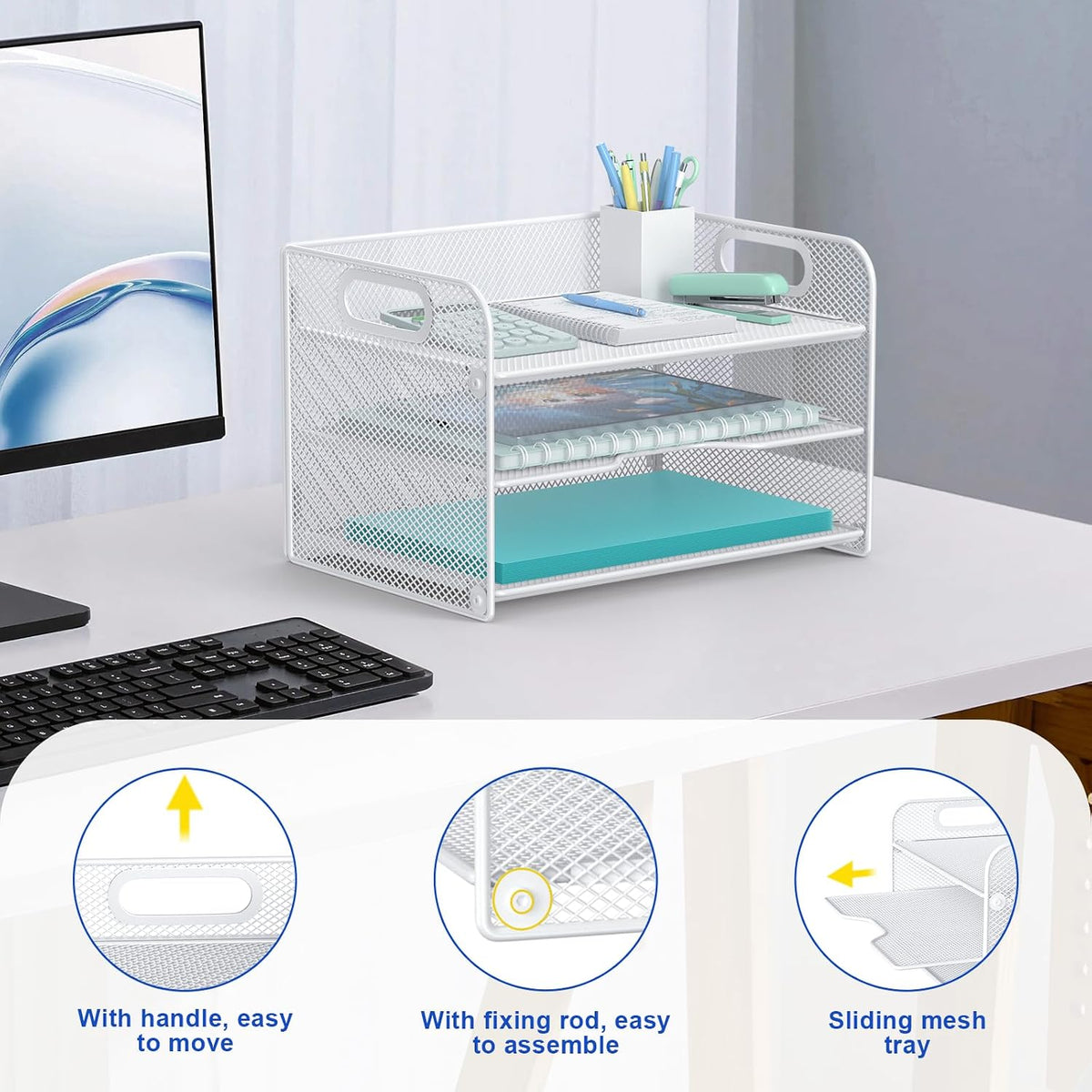 3 Tier Letter Tray Paper Organizer with Handle, Mesh Desk Organizer Paper Sorter File Rack Shelves, Black