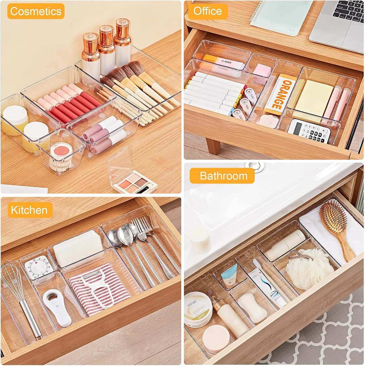 Drawer Organizers with Non-Slip Silicone Pads, 5-Size