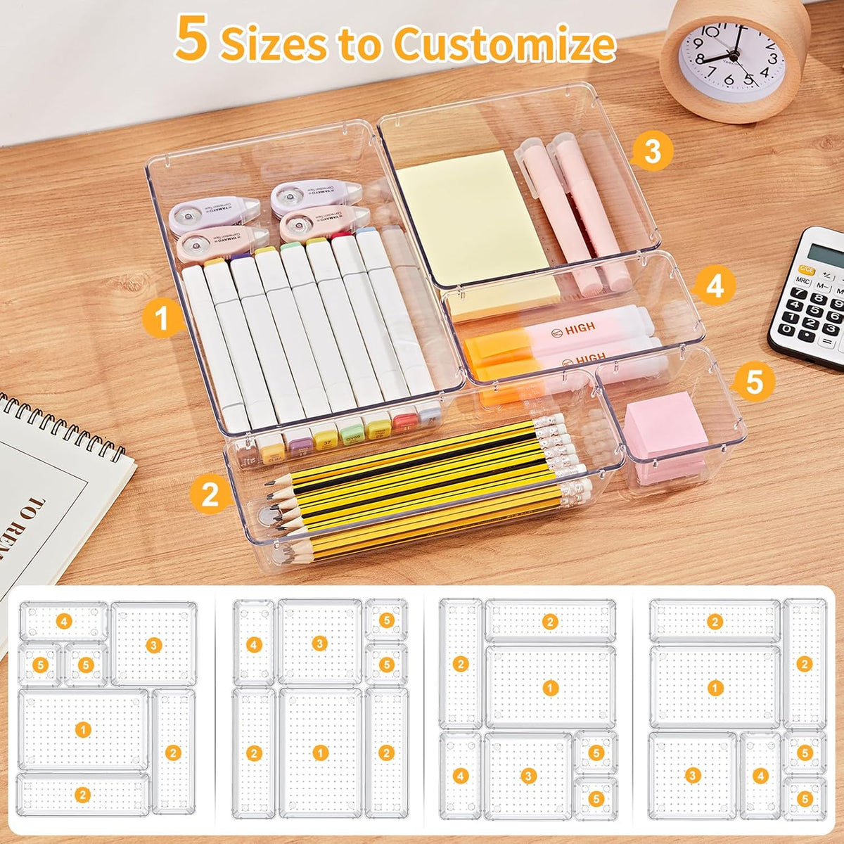 Drawer Organizers with Non-Slip Silicone Pads, 5-Size