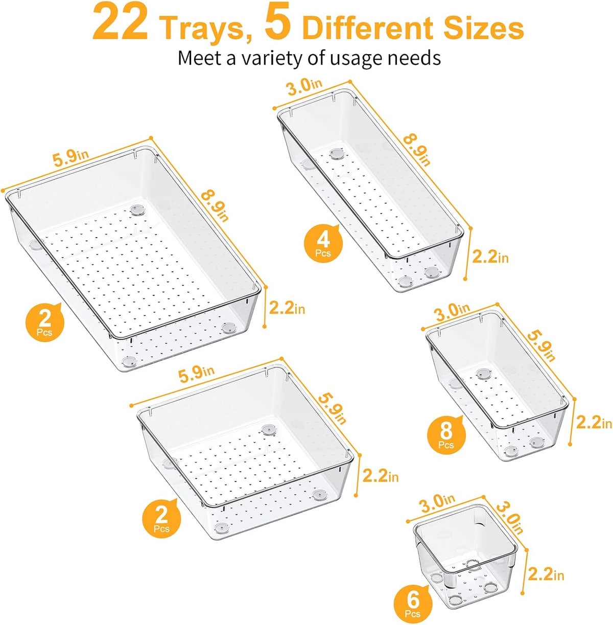 Drawer Organizers with Non-Slip Silicone Pads, 5-Size