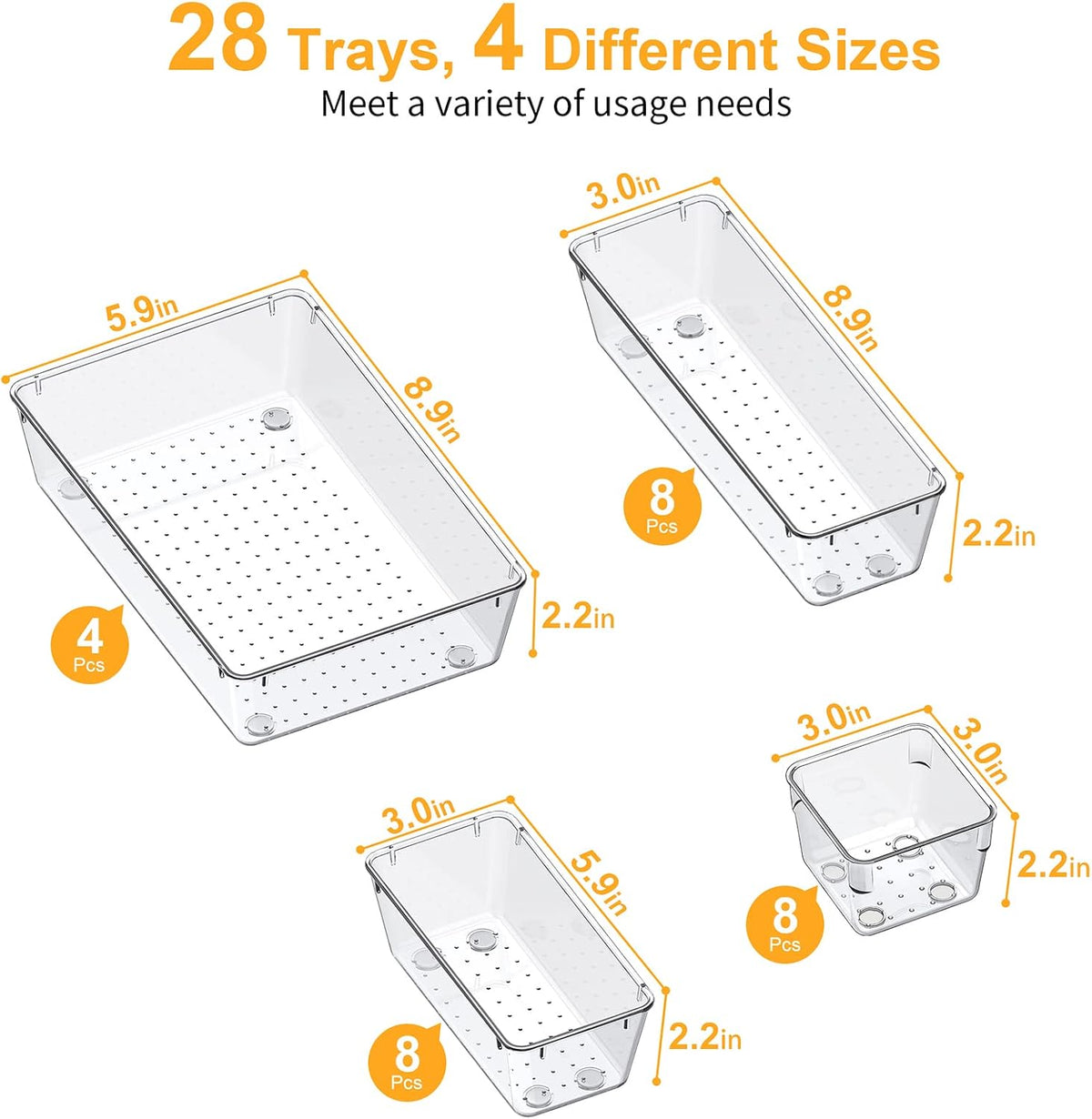 Drawer Organizers with Non-Slip Silicone Pads, 5-Size