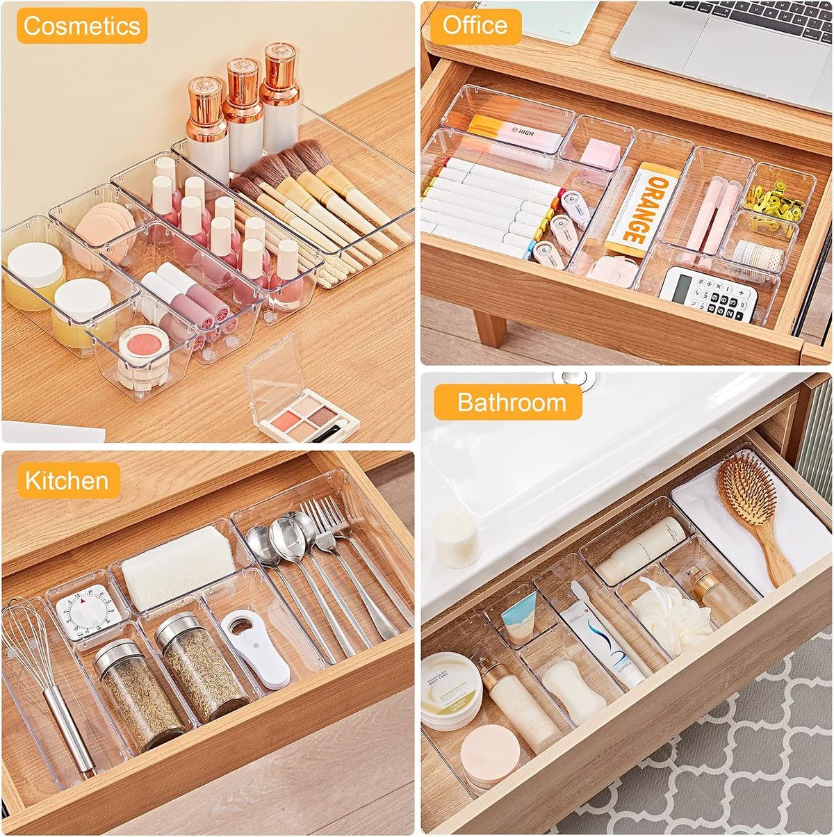 Drawer Organizers with Non-Slip Silicone Pads, 5-Size