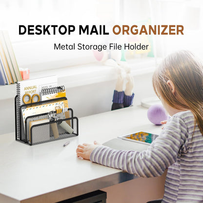 Mail Organizer for Desk, Mesh Metal Mail Holder Countertop with 3-Slot, Letter Sorter File Holder, Office Envelope Organizer for Mails (Black), 1