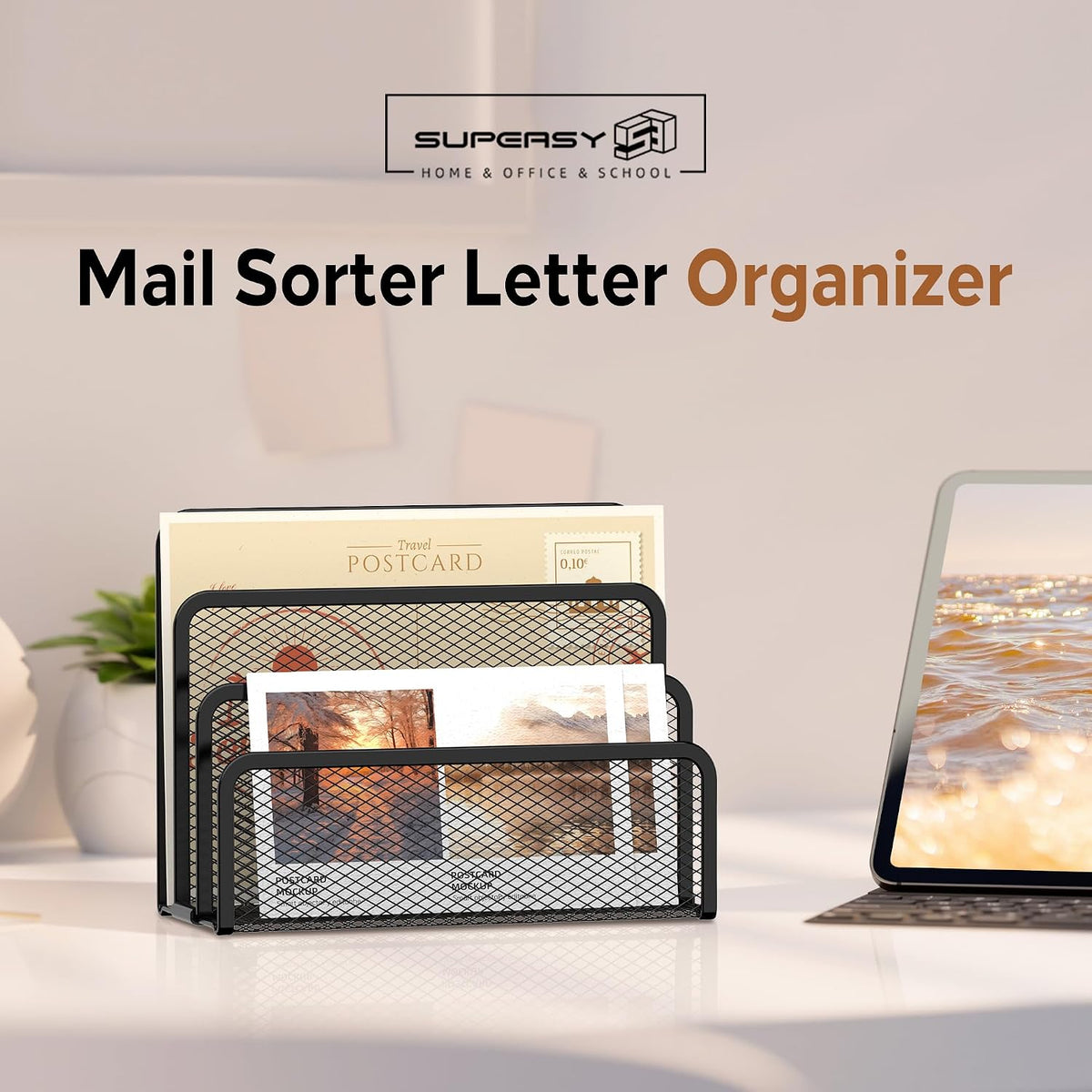 Mail Organizer for Desk, Mesh Metal Mail Holder Countertop with 3-Slot, Letter Sorter File Holder, Office Envelope Organizer for Mails (Black), 1