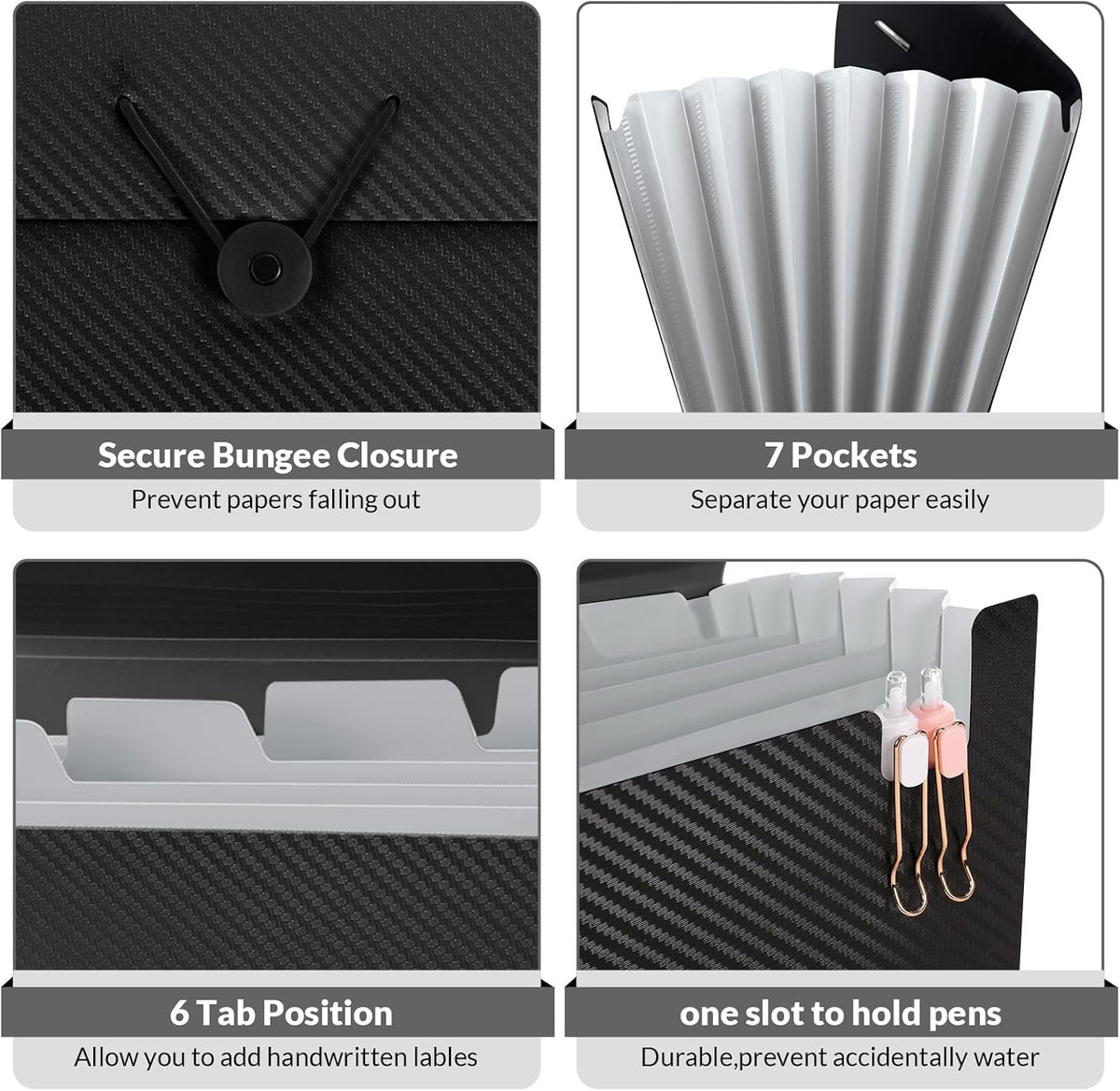 Accordion File Organizer, Expanding File Folder with 7 Pockets, Portable Receipt Paper Bill Document Organizer, Letter/A4 Size Filing Folder School Office Supplies, Black