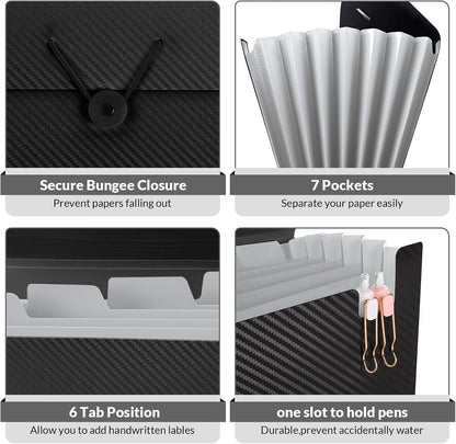 Accordion File Organizer, Expanding File Folder with 7 Pockets, Portable Receipt Paper Bill Document Organizer, Letter/A4 Size Filing Folder School Office Supplies, Black