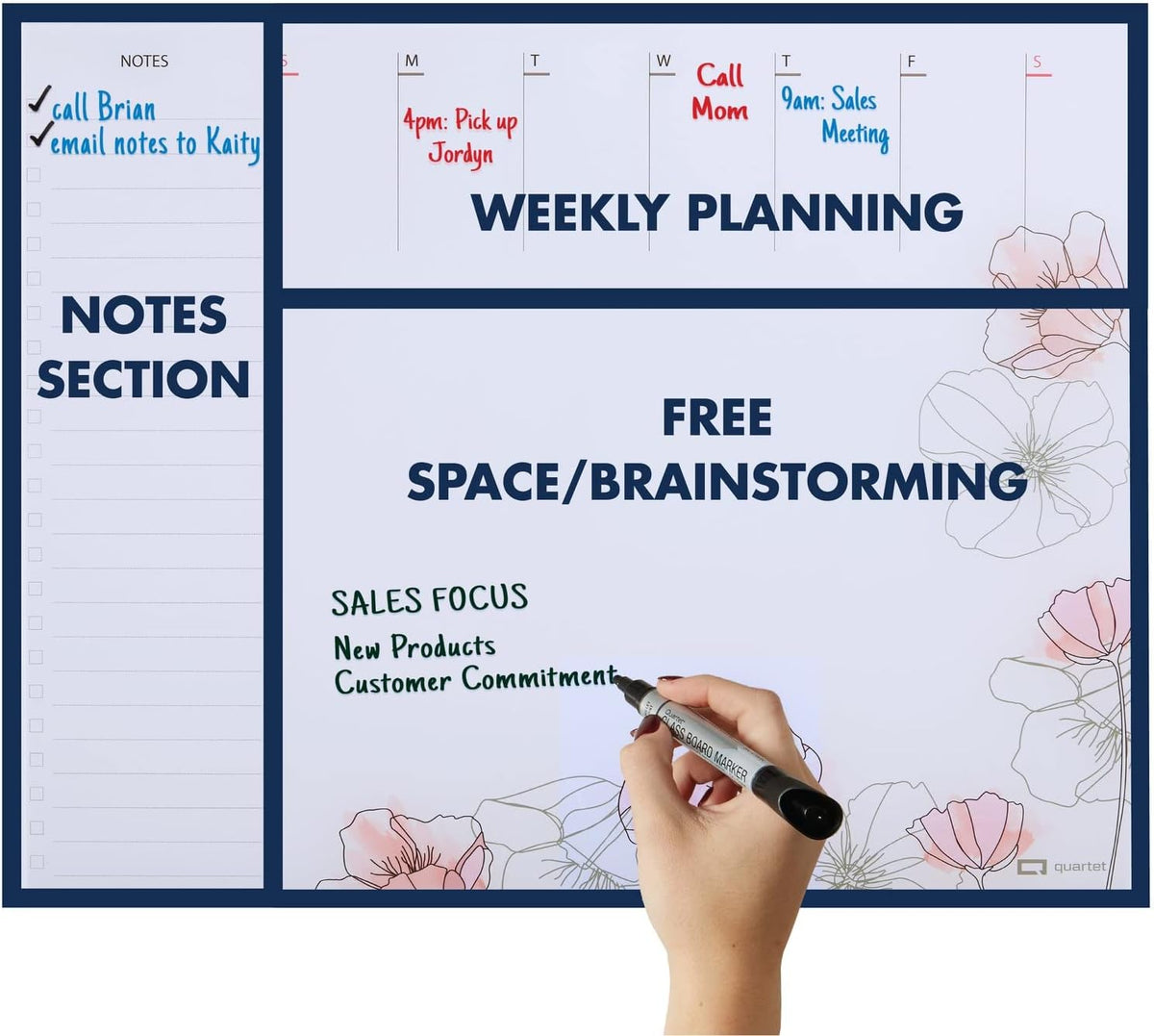 Glass Desktop Weekly Planner, 17" x 22", Whiteboard, Dry Erase Surface, Clean Erase, Includes 1 Dry Erase Marker, Floral (GDP2217F)
