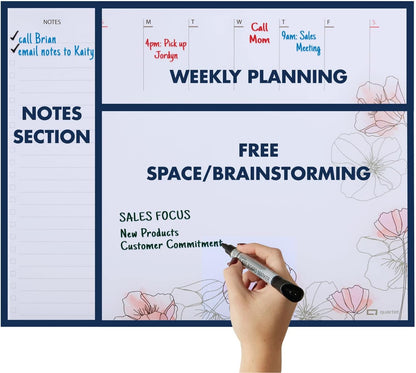 Glass Desktop Weekly Planner, 17" x 22", Whiteboard, Dry Erase Surface, Clean Erase, Includes 1 Dry Erase Marker, Floral (GDP2217F)