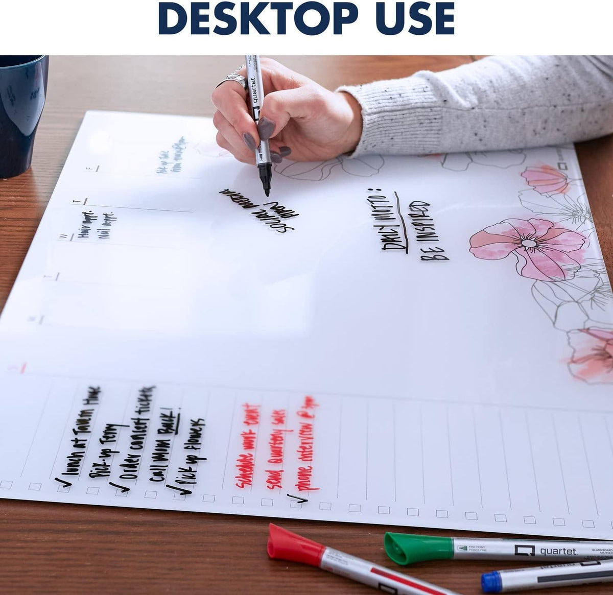 Glass Desktop Weekly Planner, 17" x 22", Whiteboard, Dry Erase Surface, Clean Erase, Includes 1 Dry Erase Marker, Floral (GDP2217F)