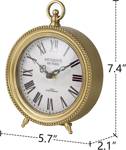 Gold Table Clock, Silent Non-Ticking Shelf Desk Top Clock Battery Operated Classic Design, Decorative Home Decor for Living Room, Fireplace Mantel, Desktop, Countertop