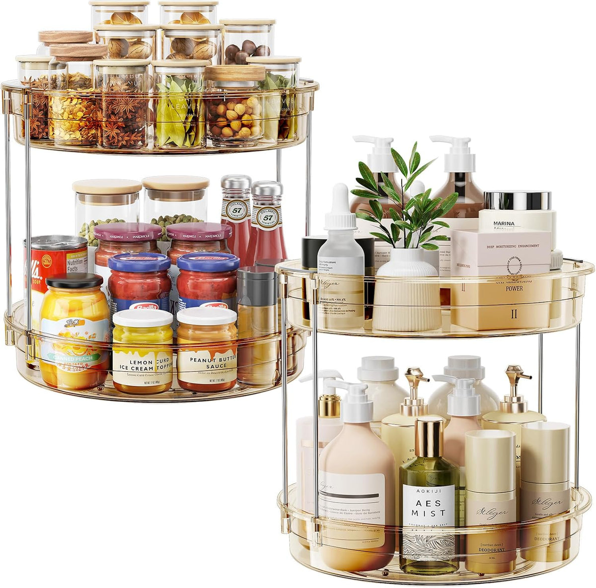 LAMU 2 Tier Lazy Susan Turntable Organizer 9.25'' Rotating Spice Rack Organization for Cabinet, Kitchen, Pantry, Countertop, Bathroom, Vanity, Medicine Cabinet Organizer, Clear