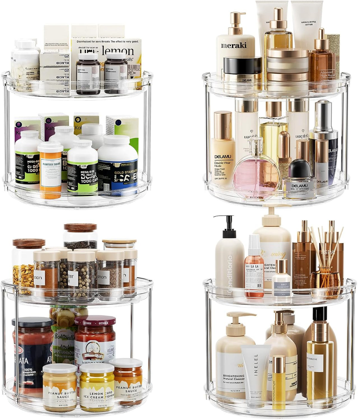 LAMU 2 Tier Lazy Susan Turntable Organizer 9.25'' Rotating Spice Rack Organization for Cabinet, Kitchen, Pantry, Countertop, Bathroom, Vanity, Medicine Cabinet Organizer, Clear