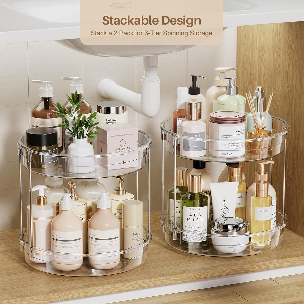 LAMU 2 Tier Lazy Susan Turntable Organizer 9.25'' Rotating Spice Rack Organization for Cabinet, Kitchen, Pantry, Countertop, Bathroom, Vanity, Medicine Cabinet Organizer, Clear