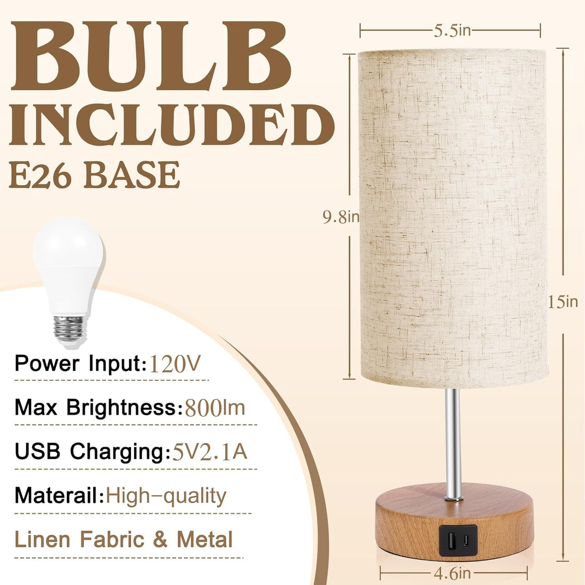 Nightstand Lamp, Touch Dimmable with USB-C Charging & Bulb