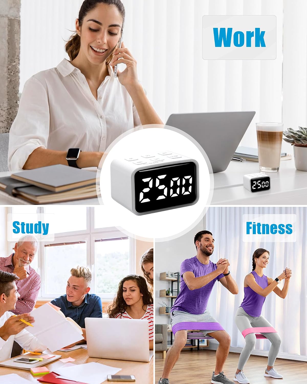 Digital Pomodoro Timer for Desk Productivity, 5/15/25-Minute Default Settings, Small Timer for Kids, Study & Tasks, USB Rechargeable Time Management Tool