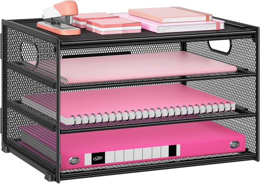 3-Tier Letter Tray Desk Organizer, Mesh Metal Paper File Tray Organizer for Desk, Office Supplies & Home Organization, Fits A4 Paper, Mail, Magazines & Office Accessories (Black with Handle)