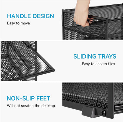 3-Tier Letter Tray Desk Organizer, Mesh Metal Paper File Tray Organizer for Desk, Office Supplies & Home Organization, Fits A4 Paper, Mail, Magazines & Office Accessories (Black with Handle)