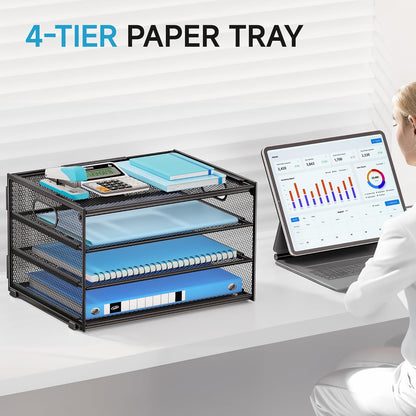 3-Tier Letter Tray Desk Organizer, Mesh Metal Paper File Tray Organizer for Desk, Office Supplies & Home Organization, Fits A4 Paper, Mail, Magazines & Office Accessories (Black with Handle)