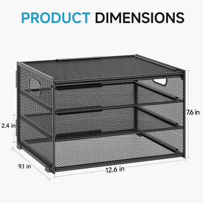 3-Tier Letter Tray Desk Organizer, Mesh Metal Paper File Tray Organizer for Desk, Office Supplies & Home Organization, Fits A4 Paper, Mail, Magazines & Office Accessories (Black with Handle)