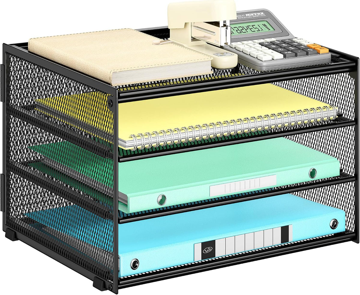 3-Tier Letter Tray Desk Organizer, Mesh Metal Paper File Tray Organizer for Desk, Office Supplies & Home Organization, Fits A4 Paper, Mail, Magazines & Office Accessories (Black with Handle)