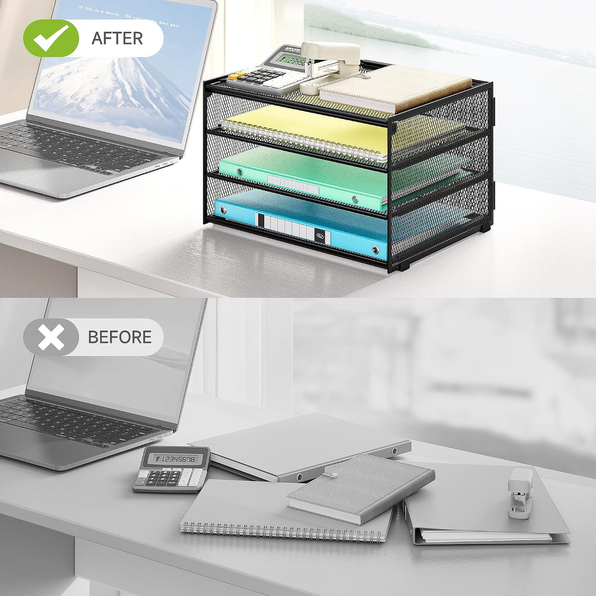 3-Tier Letter Tray Desk Organizer, Mesh Metal Paper File Tray Organizer for Desk, Office Supplies & Home Organization, Fits A4 Paper, Mail, Magazines & Office Accessories (Black with Handle)