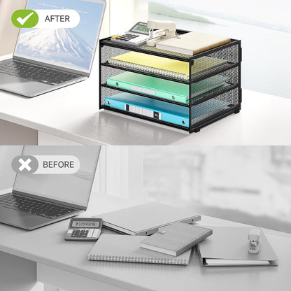 3-Tier Letter Tray Desk Organizer, Mesh Metal Paper File Tray Organizer for Desk, Office Supplies & Home Organization, Fits A4 Paper, Mail, Magazines & Office Accessories (Black with Handle)