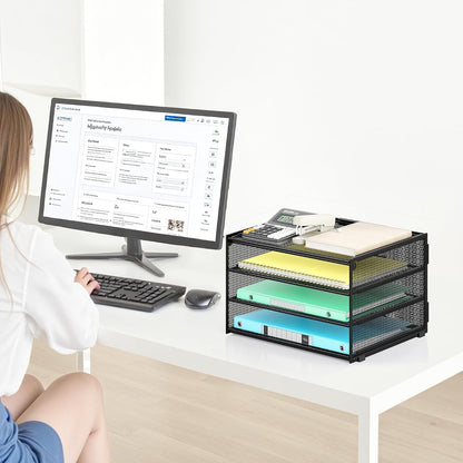3-Tier Letter Tray Desk Organizer, Mesh Metal Paper File Tray Organizer for Desk, Office Supplies & Home Organization, Fits A4 Paper, Mail, Magazines & Office Accessories (Black with Handle)