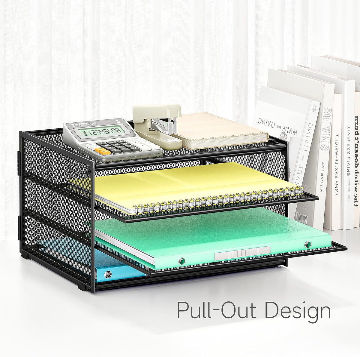 3-Tier Letter Tray Desk Organizer, Mesh Metal Paper File Tray Organizer for Desk, Office Supplies & Home Organization, Fits A4 Paper, Mail, Magazines & Office Accessories (Black with Handle)