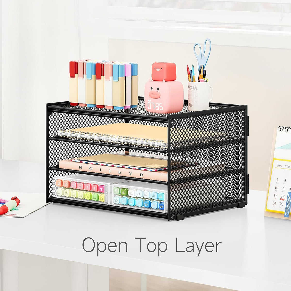 3-Tier Letter Tray Desk Organizer, Mesh Metal Paper File Tray Organizer for Desk, Office Supplies & Home Organization, Fits A4 Paper, Mail, Magazines & Office Accessories (Black with Handle)