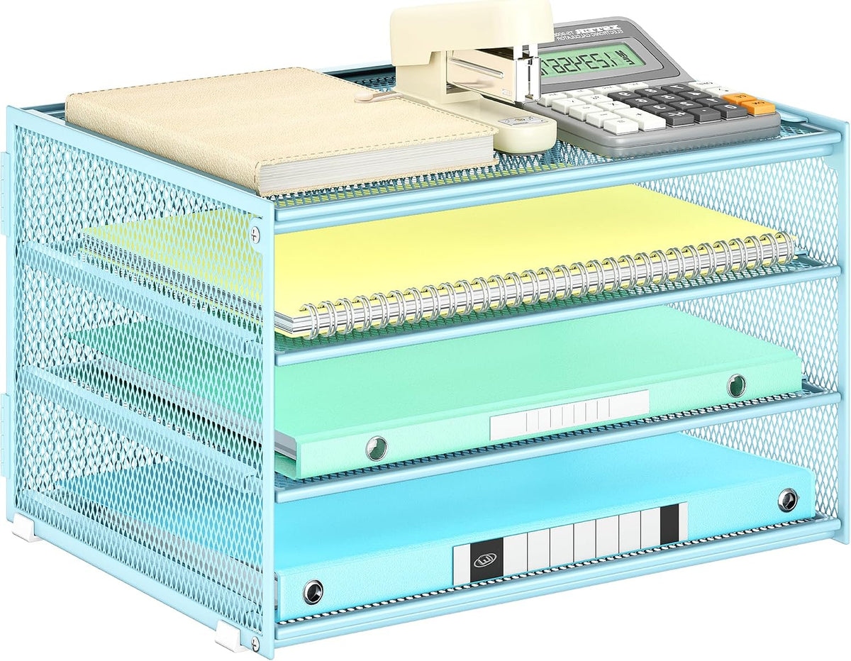 3-Tier Letter Tray Desk Organizer, Mesh Metal Paper File Tray Organizer for Desk, Office Supplies & Home Organization, Fits A4 Paper, Mail, Magazines & Office Accessories (Black with Handle)