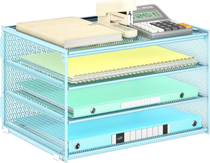 3-Tier Letter Tray Desk Organizer, Mesh Metal Paper File Tray Organizer for Desk, Office Supplies & Home Organization, Fits A4 Paper, Mail, Magazines & Office Accessories (Black with Handle)
