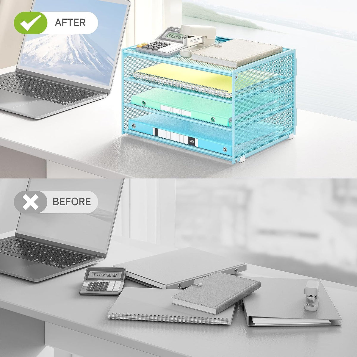 3-Tier Letter Tray Desk Organizer, Mesh Metal Paper File Tray Organizer for Desk, Office Supplies & Home Organization, Fits A4 Paper, Mail, Magazines & Office Accessories (Black with Handle)