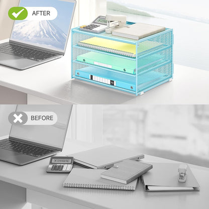 3-Tier Letter Tray Desk Organizer, Mesh Metal Paper File Tray Organizer for Desk, Office Supplies & Home Organization, Fits A4 Paper, Mail, Magazines & Office Accessories (Black with Handle)