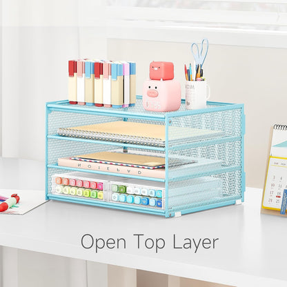 3-Tier Letter Tray Desk Organizer, Mesh Metal Paper File Tray Organizer for Desk, Office Supplies & Home Organization, Fits A4 Paper, Mail, Magazines & Office Accessories (Black with Handle)
