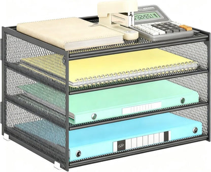 3-Tier Letter Tray Desk Organizer, Mesh Metal Paper File Tray Organizer for Desk, Office Supplies & Home Organization, Fits A4 Paper, Mail, Magazines & Office Accessories (Black with Handle)