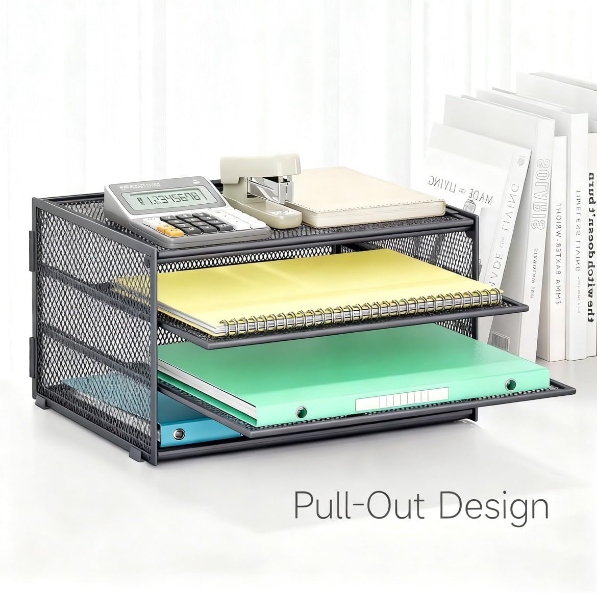 3-Tier Letter Tray Desk Organizer, Mesh Metal Paper File Tray Organizer for Desk, Office Supplies & Home Organization, Fits A4 Paper, Mail, Magazines & Office Accessories (Black with Handle)