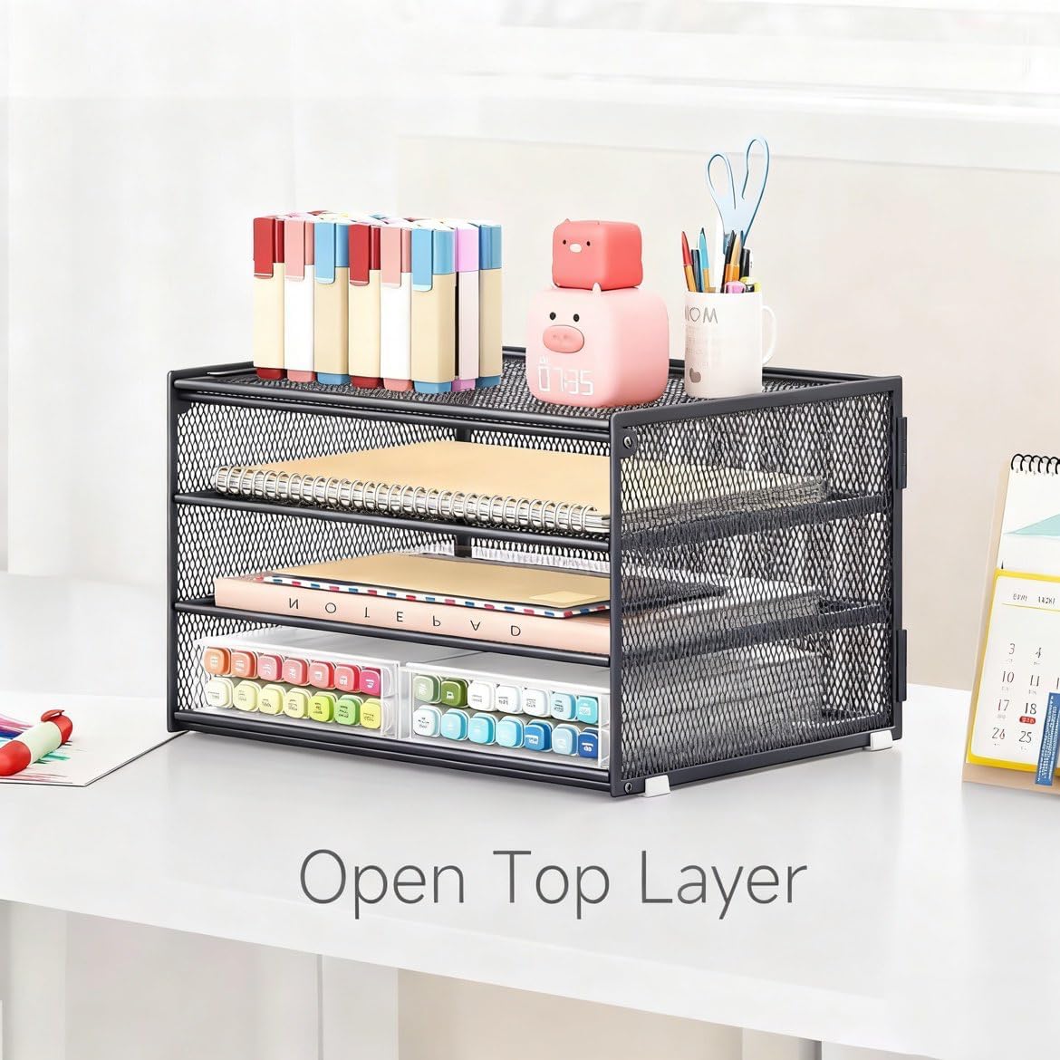 3-Tier Letter Tray Desk Organizer, Mesh Metal Paper File Tray Organizer for Desk, Office Supplies & Home Organization, Fits A4 Paper, Mail, Magazines & Office Accessories (Black with Handle)